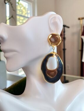 Vtg Cloisonne Gold and Blue Statement Hoop Drop Earrings